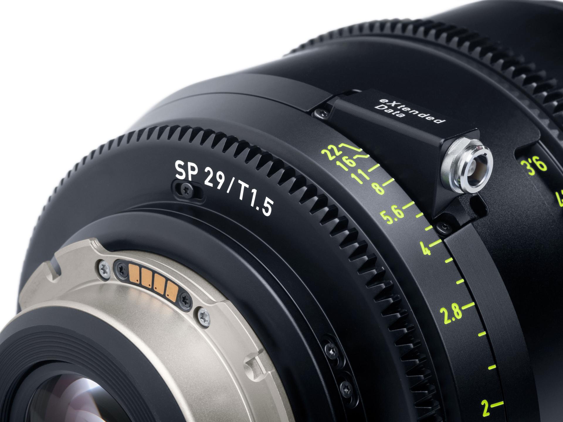 Close-up view of a ZEISS SP 29/T1.5 cinema lens featuring detailed aperture and focus markings.