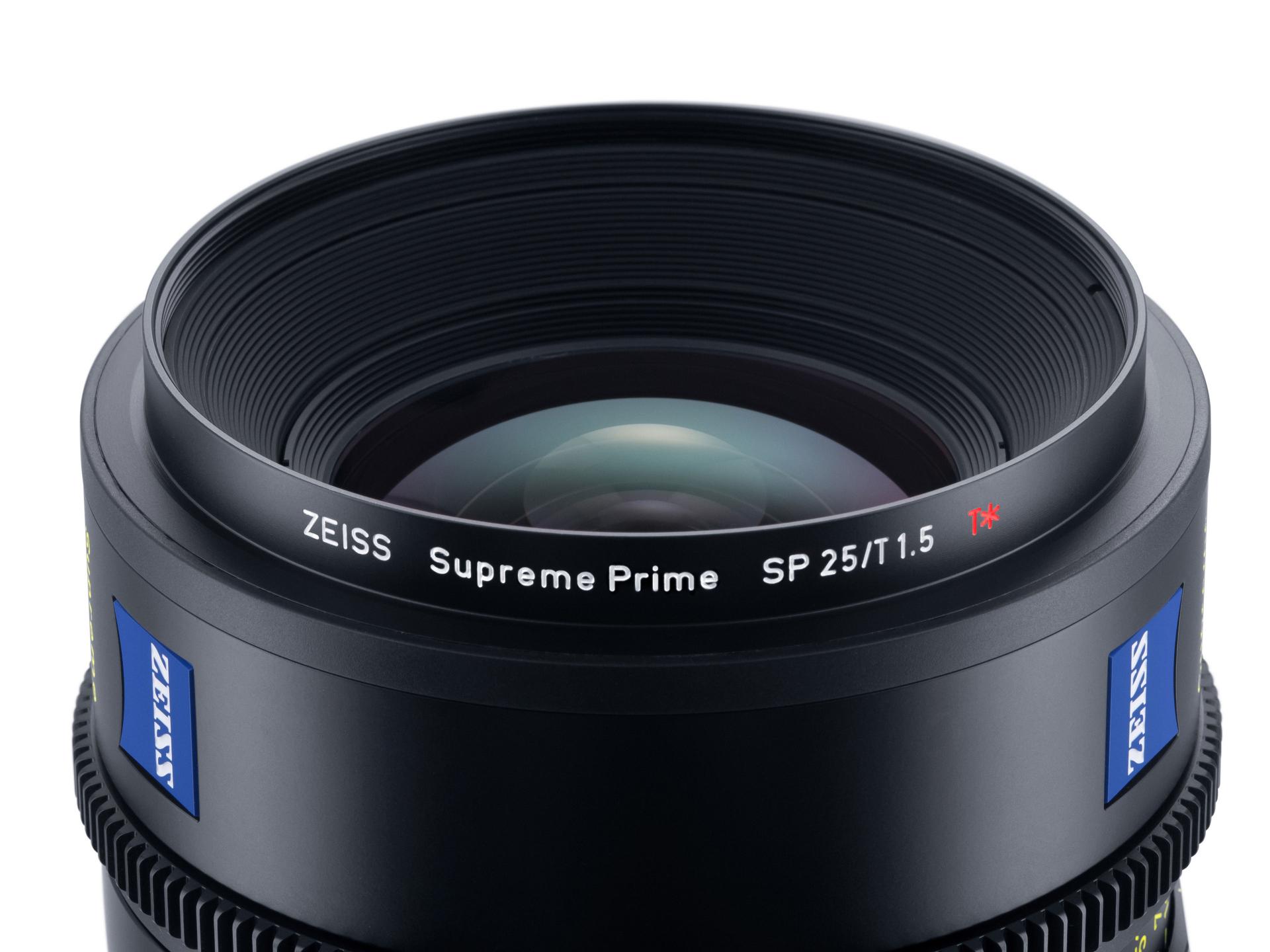 Close-up view of a ZEISS Supreme Prime SP 25/T1.5 professional camera lens showing lens markings and ZEISS branding.