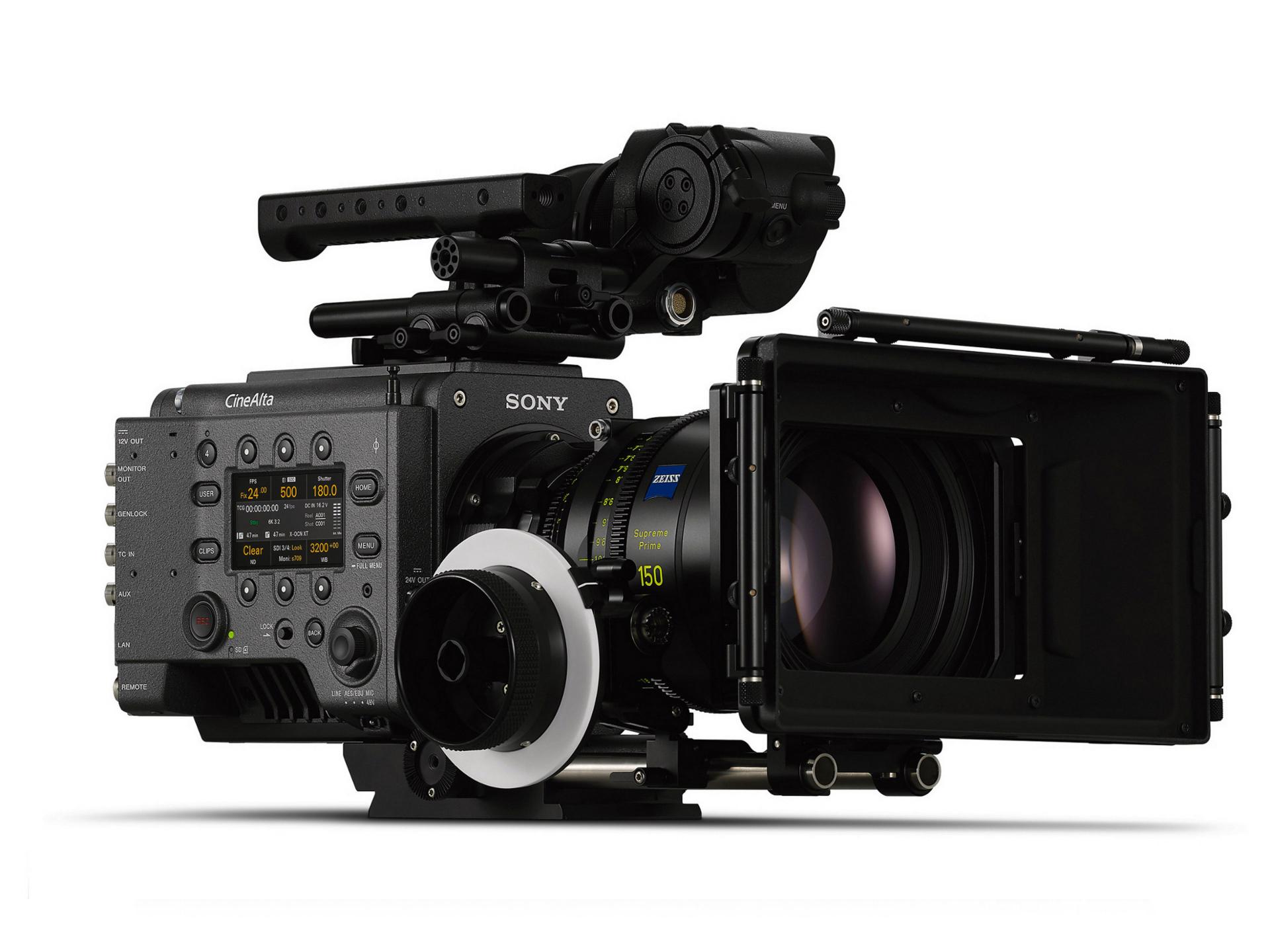 Professional cinema camera setup featuring a SONY camera body equipped with a ZEISS lens and matte box.