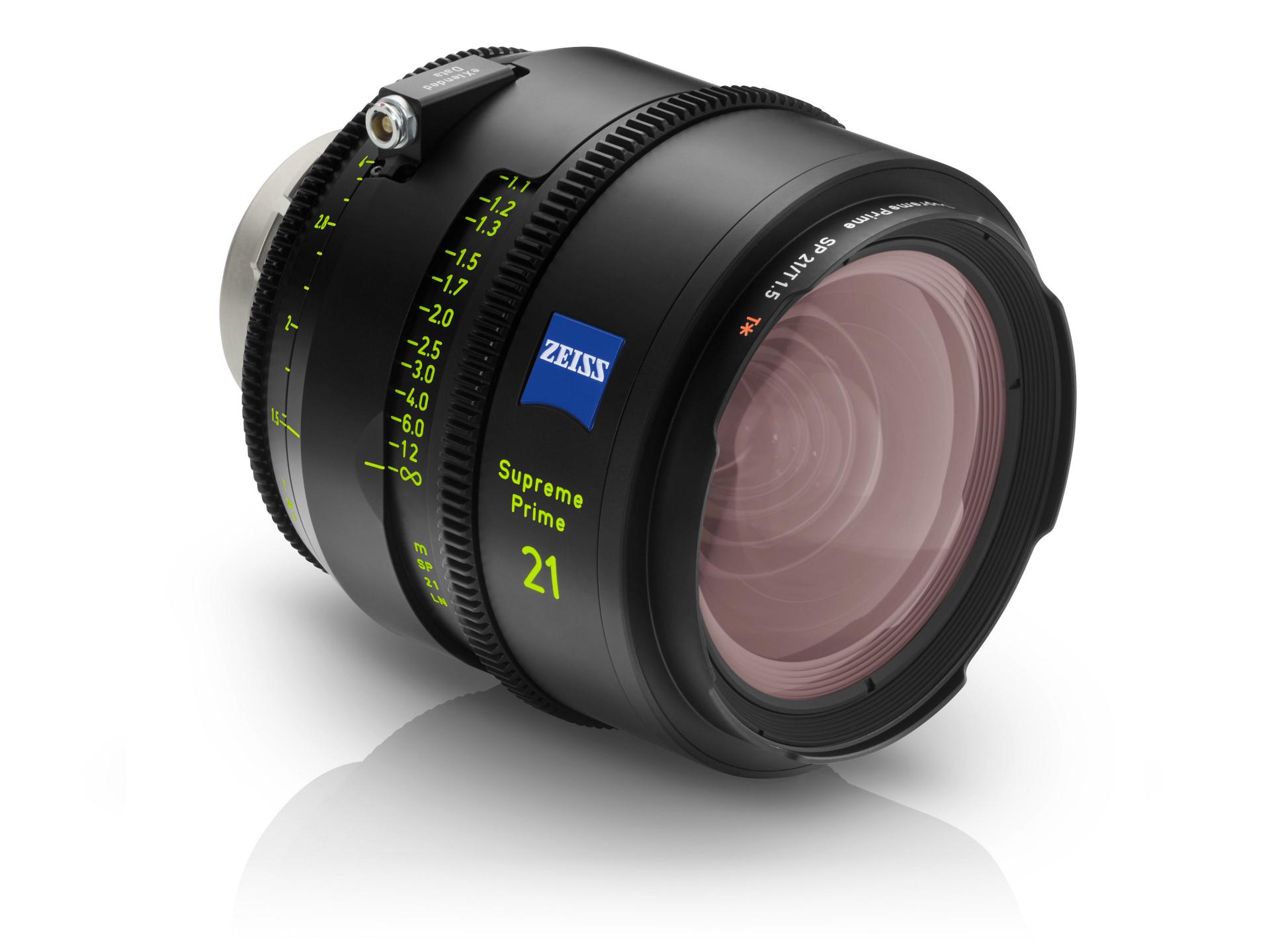 ZEISS Supreme Prime 21mm camera lens with detailed focus markings and a ZEISS logo on the barrel.