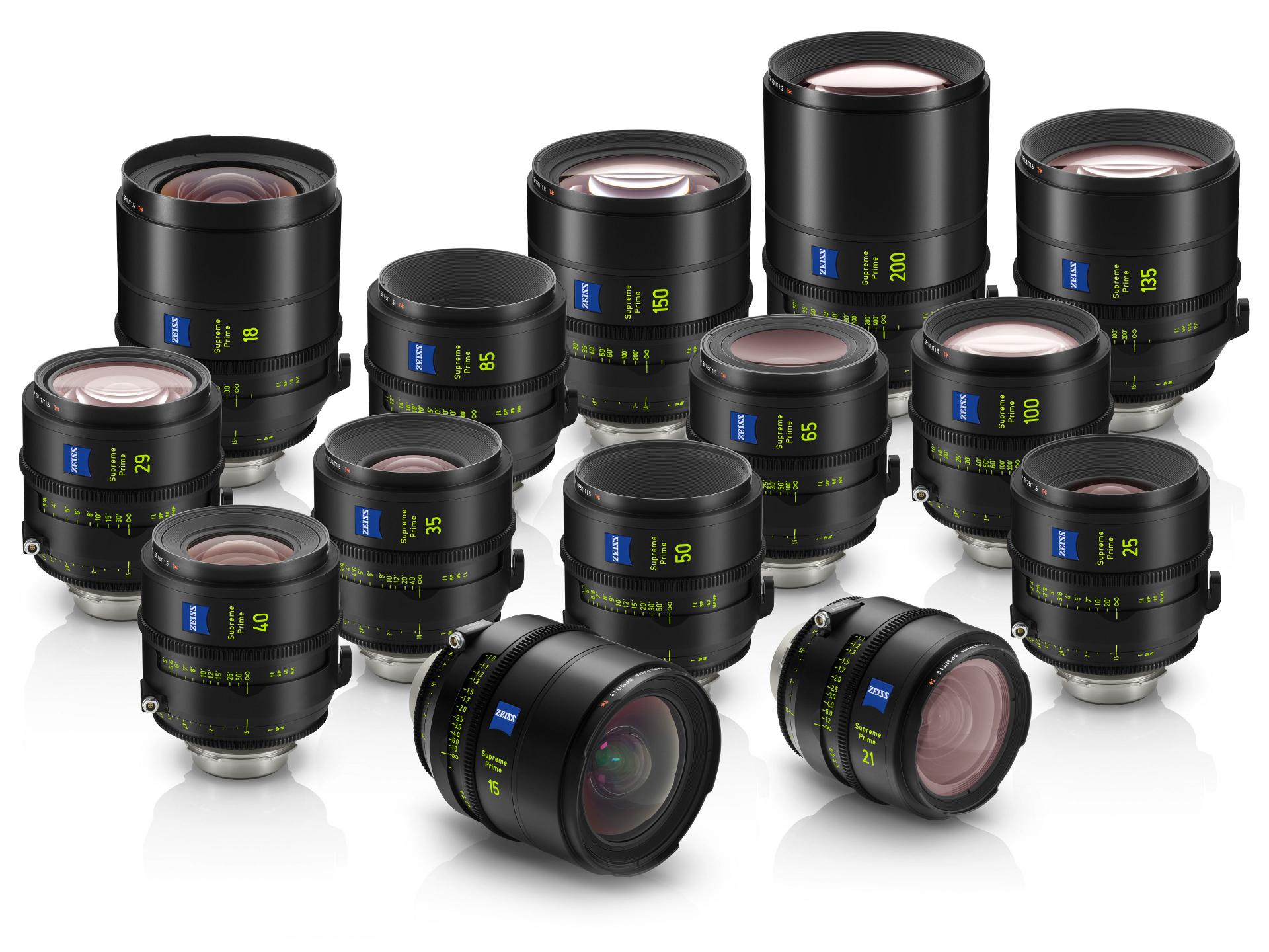 A collection of professional ZEISS camera lenses arranged in multiple rows on a white background.