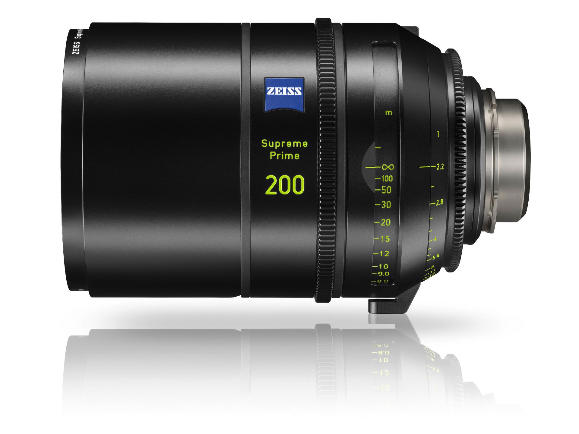 Side view of a ZEISS Supreme Prime 200mm cine lens with focus and aperture markings in yellow.