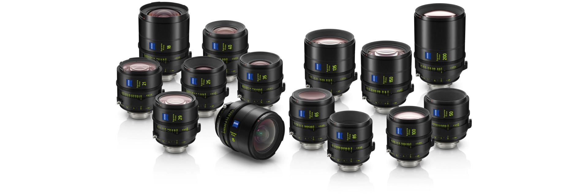 A collection of professional ZEISS camera lenses arranged in multiple rows on a white background.