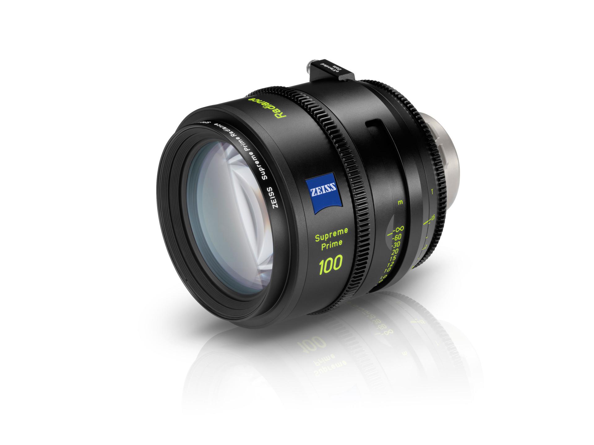 ZEISS Supreme Prime 100mm T1.5 cine lens with detailed focus and aperture markings in green, featuring a robust, professional build and ZEISS branding.
