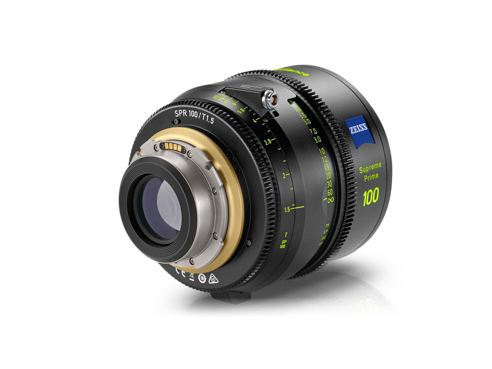 ZEISS Supreme Prime 100mm T1.5 cine lens with detailed focus and aperture markings in green, featuring a robust, professional build and ZEISS branding.