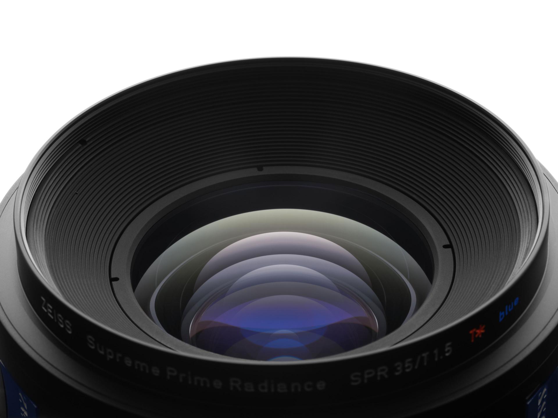 Close-up view of a ZEISS Supreme Prime Radiance SPR 35/T1.5 cinema lens, highlighting the front glass element and detailed lens barrel markings.