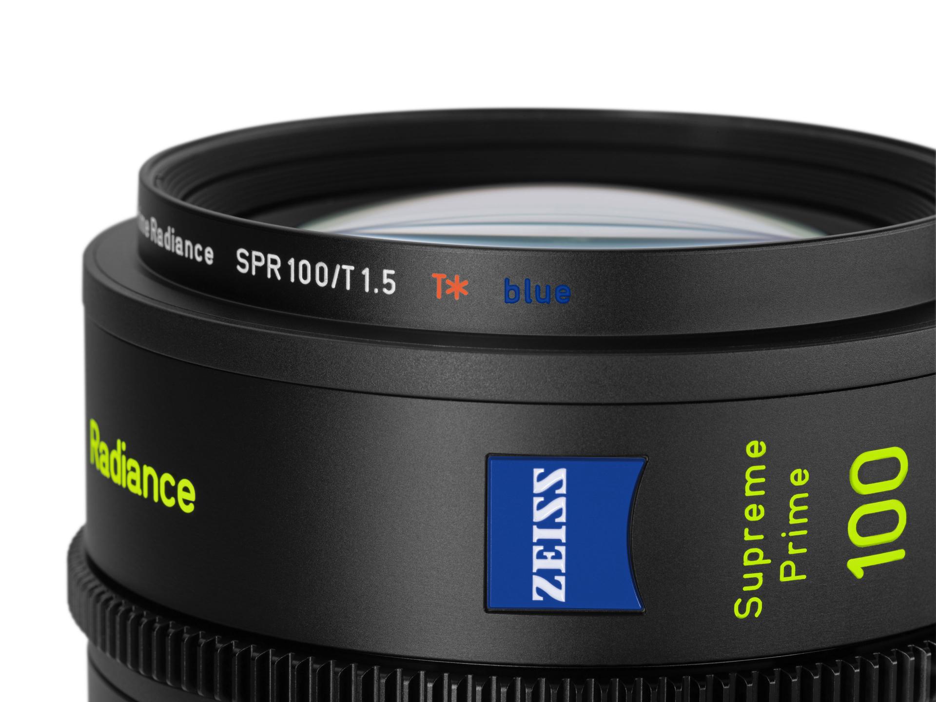 Close-up of a ZEISS Supreme Prime Radiance 100mm T1.5 cinema lens showing detailed branding and lens specifications.