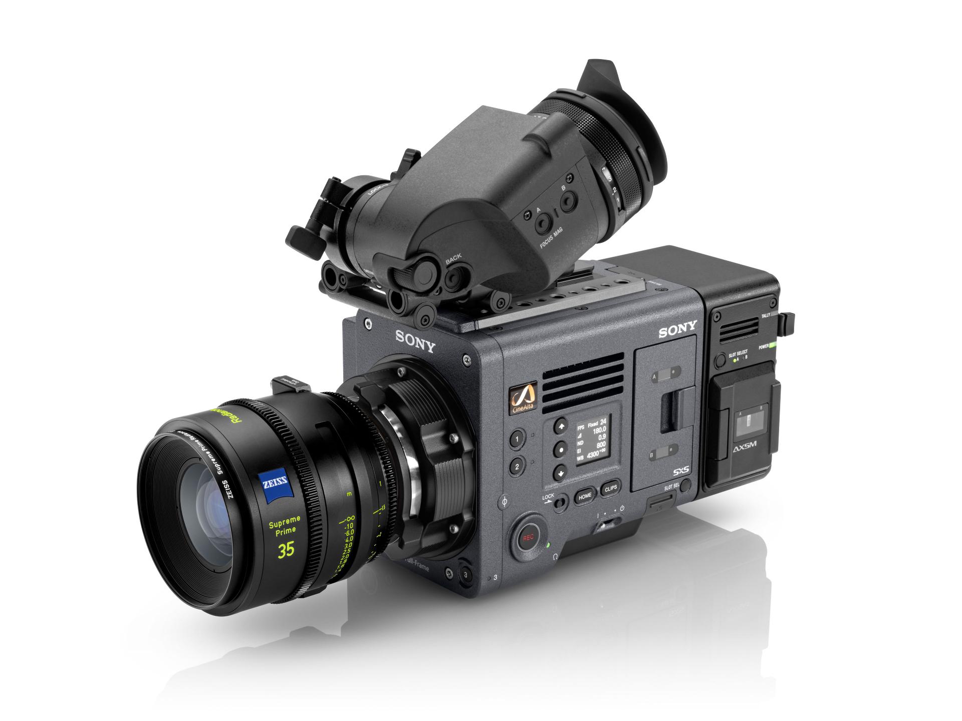 Professional cinema camera setup featuring a SONY camera body equipped with a ZEISS 35mm Compact Prime lens and an attached electronic viewfinder.