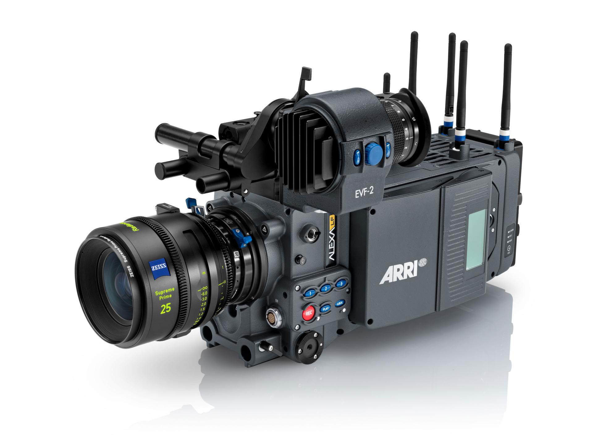 Professional cinema camera setup featuring a ZEISS 25mm lens mounted on an ARRI ALEXA camera body with multiple control buttons and wireless modules.