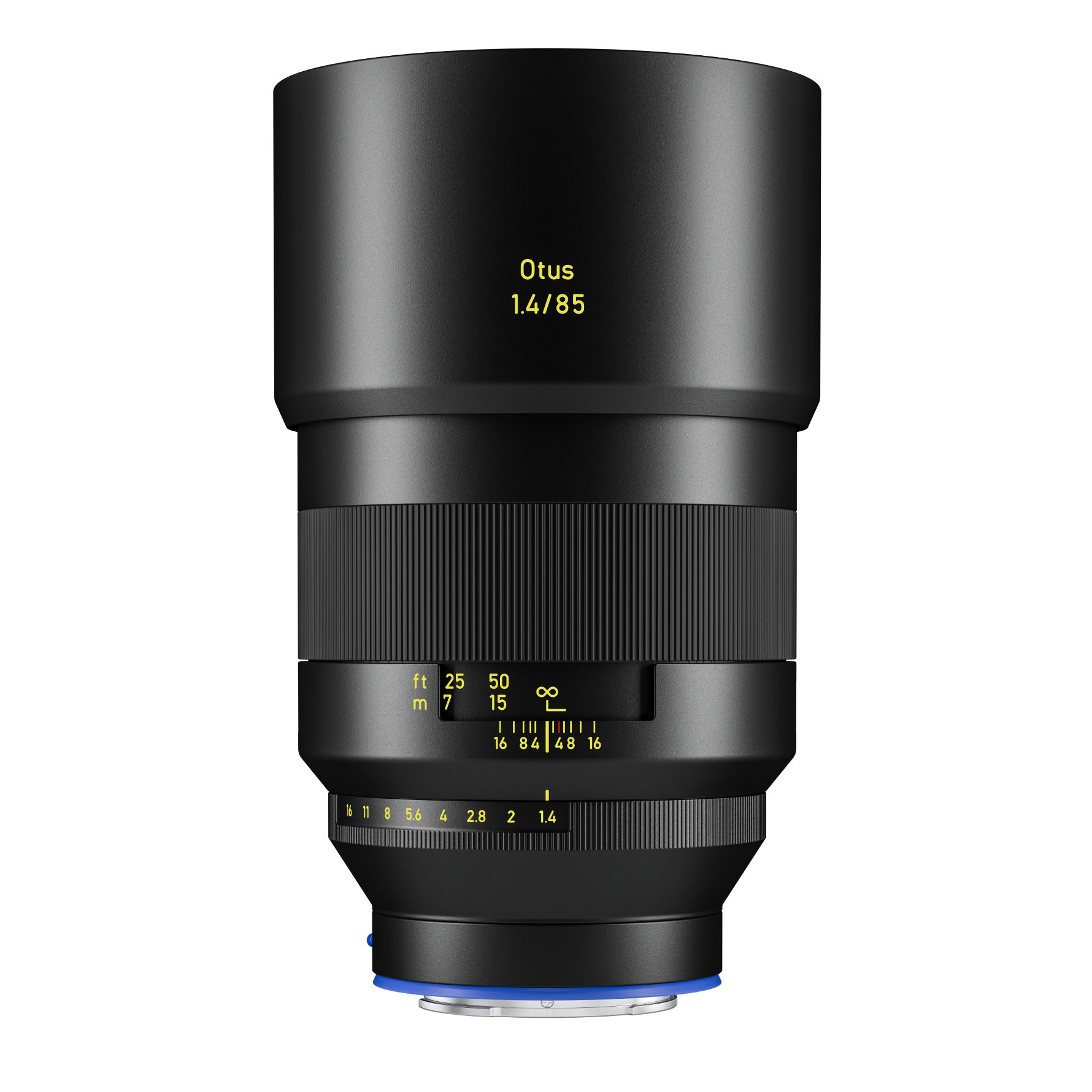 Front view of the ZEISS Batis 2/25 wide-angle camera lens with an integrated OLED display showing focus distance and depth of field.
