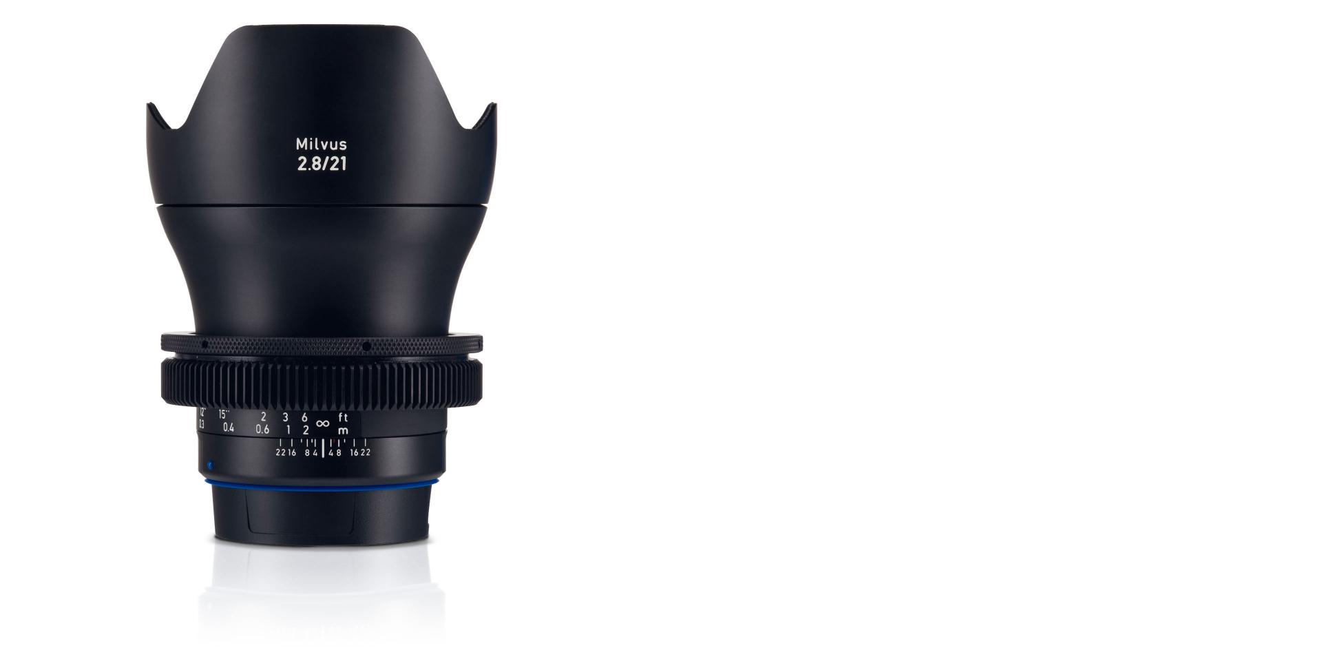 The ZEISS Milvus 2.8/21 lens, featuring precision focus markings and a robust build, designed for exceptional optical performance in professional photography.