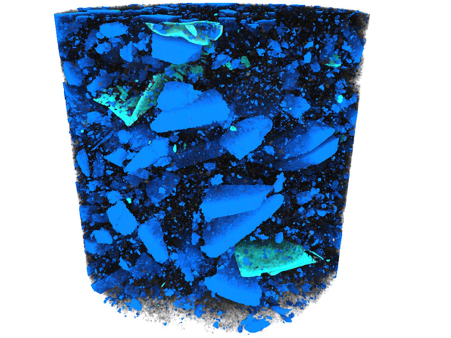 黑块中材料的三维体积，黑块是回收电池粉碎后产生的粉末。使用Mineralogic 3D对正极颗粒（蓝色）和残留箔片（绿松石色）单独分割，以进行量化和分析。