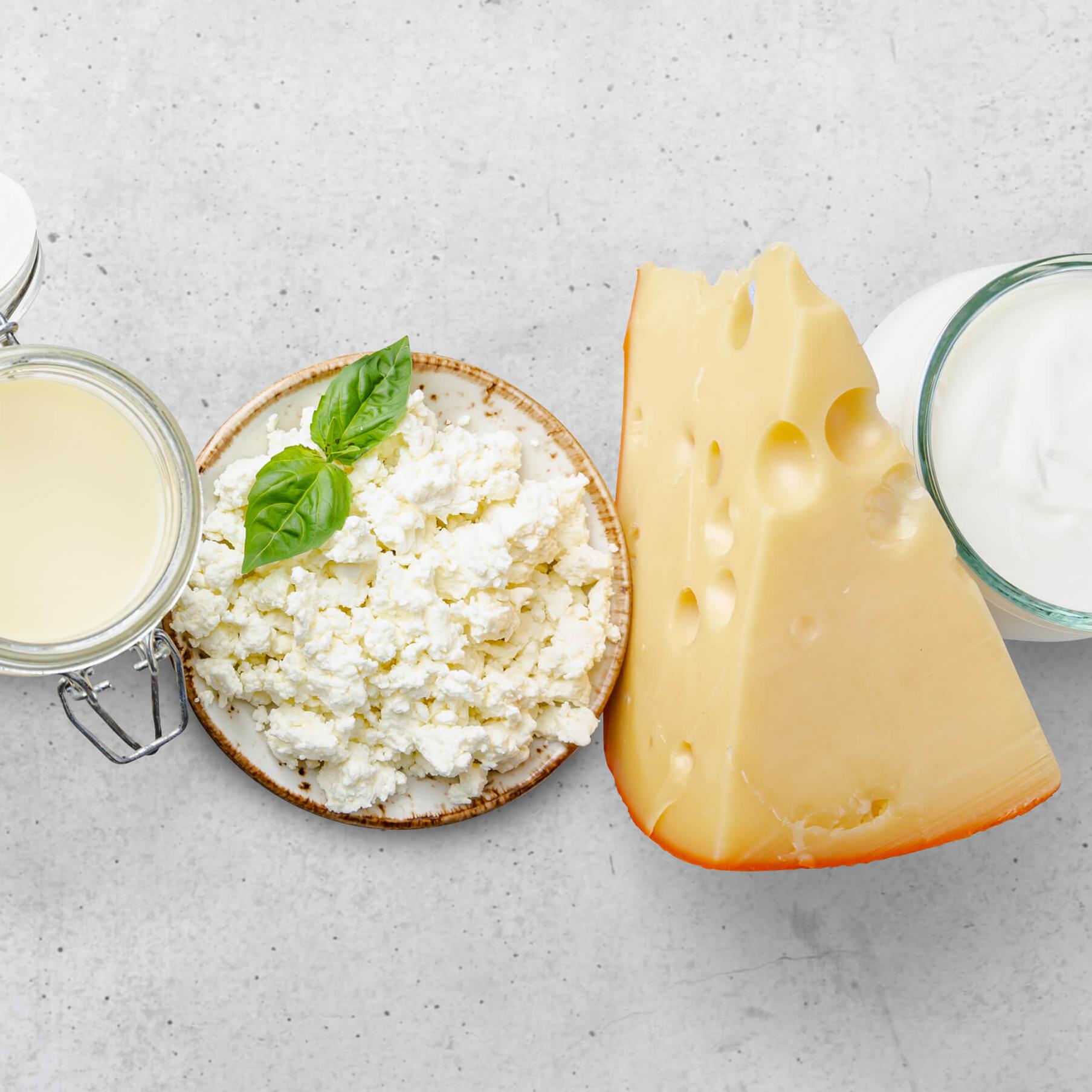 桌上的乳制品，牛奶、奶酪、奶油奶酪、酸奶