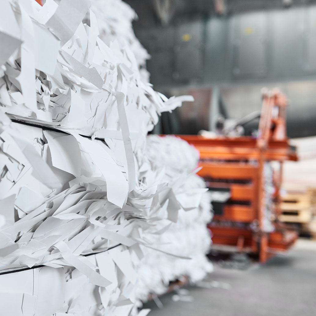 废纸回收厂中的碎纸机正在将废纸切碎到方桶中，以备制浆和再利用。回收废料以抵消污染并拯救地球。