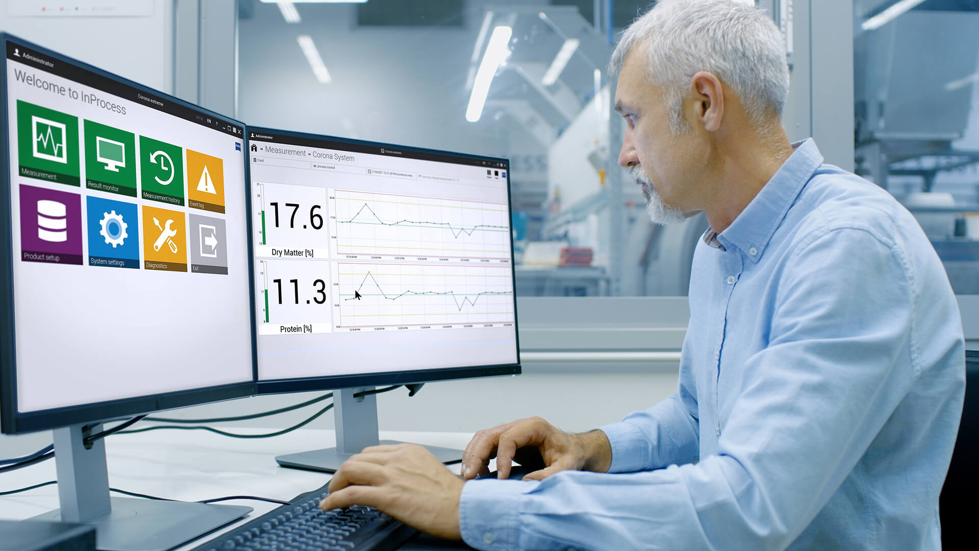 工程师坐在其办公室生产环境中的电脑前，屏幕上显示的是inprocess软件的界面 