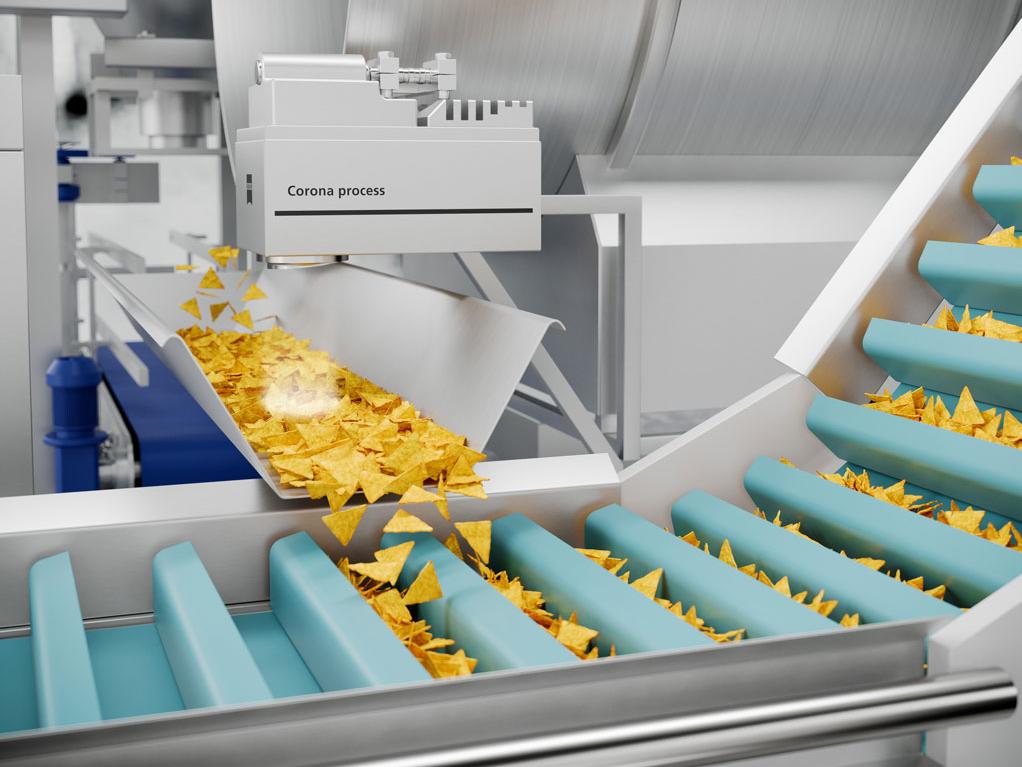 Corona® process在玉米片工厂的输送带上方