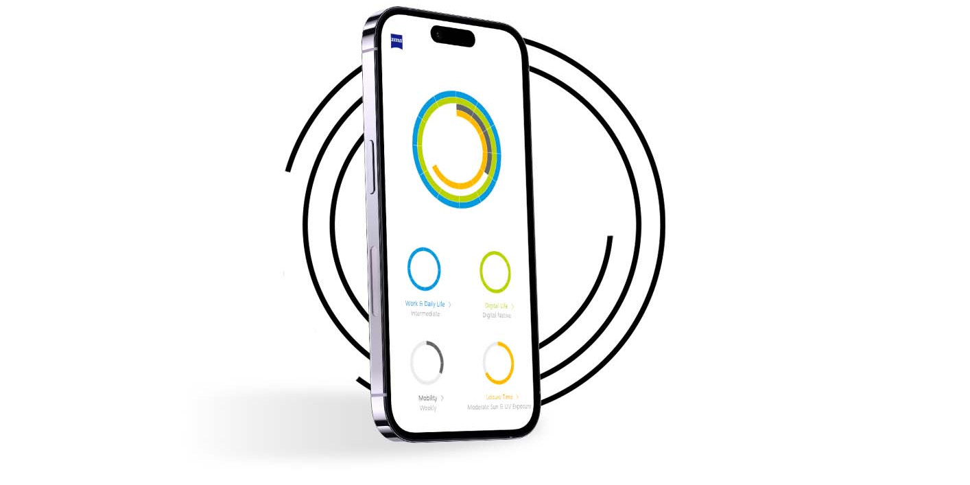 黑色圆圈前的智能手机使用各色彩环展示“我的视力档案”中的用户视力档案。