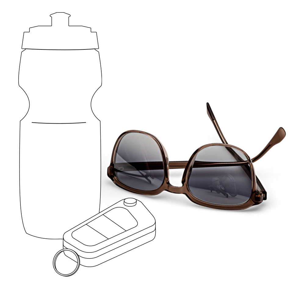配有灰色渐变镜片的蔡司太阳眼镜的实物图象，一旁是运动水壶和车钥匙的插图。