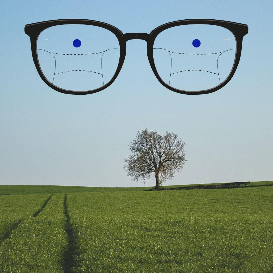 配有渐进镜片的镜框和展示不同视野区域的示意线条。高亮镜片上的不同部分：远距离观察使用眼镜的顶部区域。