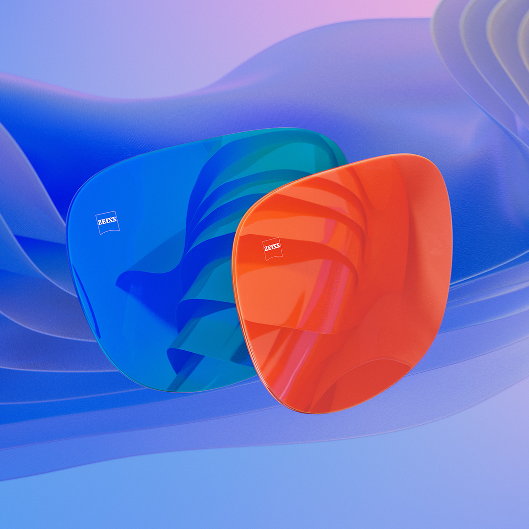 CGI展示：一张展示前表面炫彩蓝色与橙色镜面效果的太阳镜片。