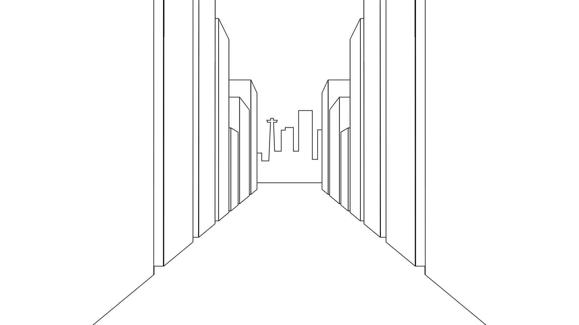 视角：出现一个手持智能手机穿越插画城市风景的行人。